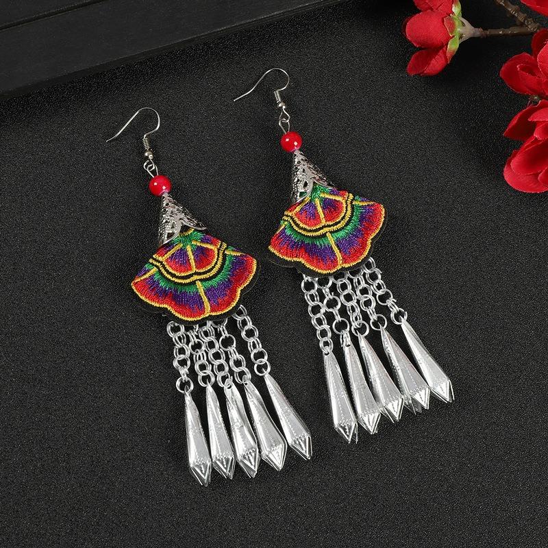 Embroidery fabric flower earrings long Miao silver fringed personalized earrings retro Miao Yunnan earrings women