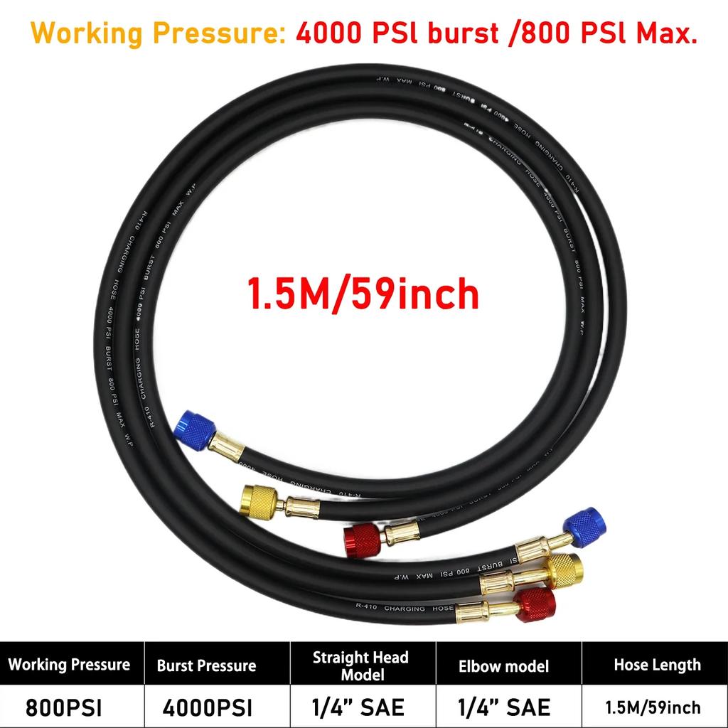 R410A AC Charging Hose Set 1/4'' SAE 800 PSI for HVAC Air Condition Refrigerant Hoses R134A R12 R22 R502 Air Condition