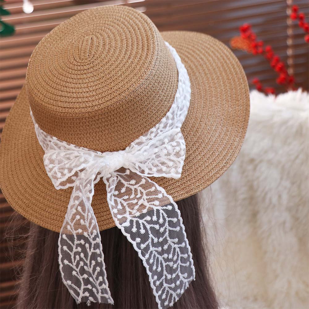 Wide Brim Flat Top Straw Hats French Style Women's Sun Hat Fashion Bow Ribbon Straw Hat  Girls