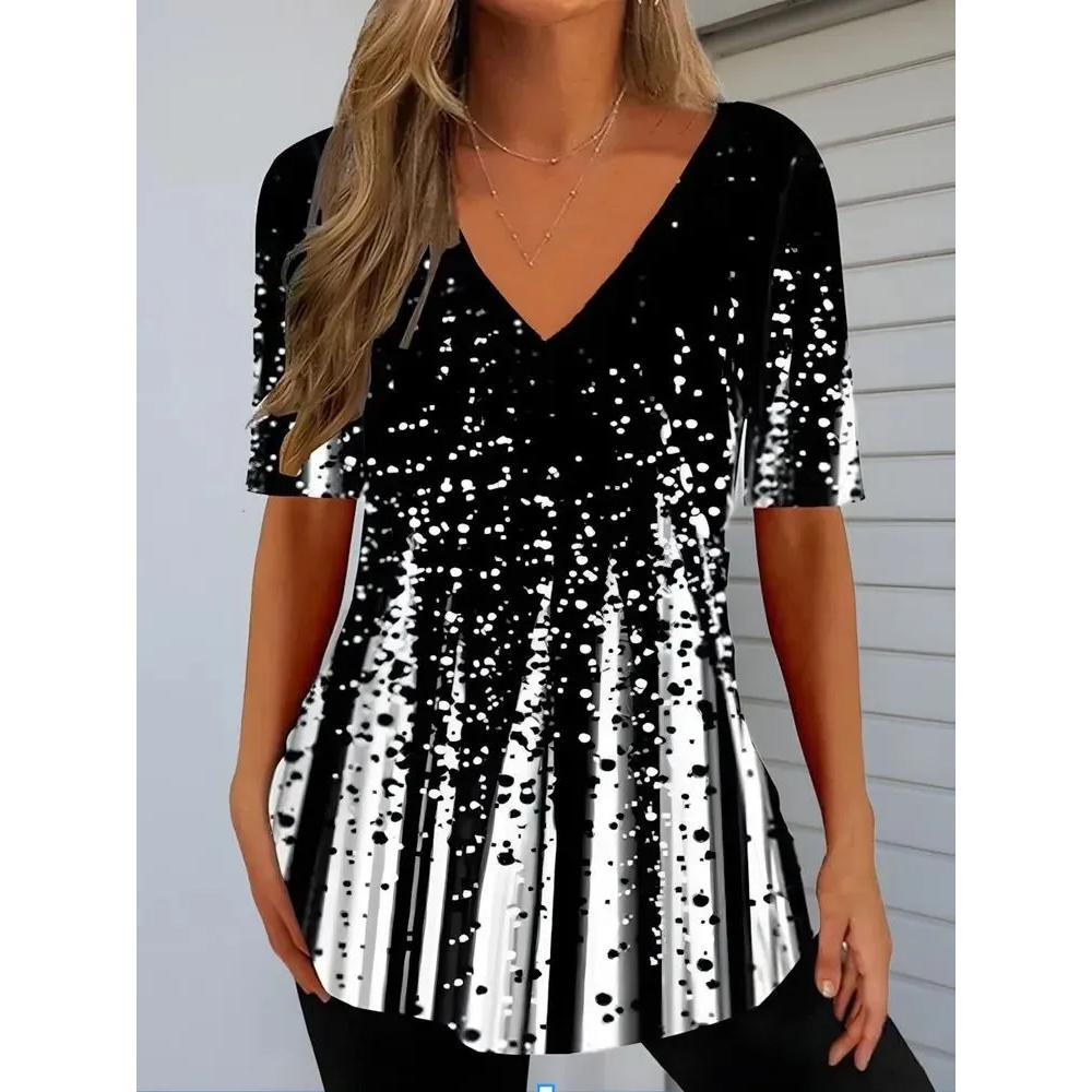 Casual Women s Flower Printed Top Striped Printed V-Neck Short Sleeve T-Shirt Everyday Versatile T-Shirts Women’s S