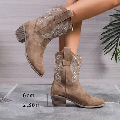 Herbst Damen Spitzschuh Klobiger Absatz Westernstiefel Neue Römische Bestickte Mid-Calf Stiefel für Damen Schuhe mit Absatz Damenstiefel