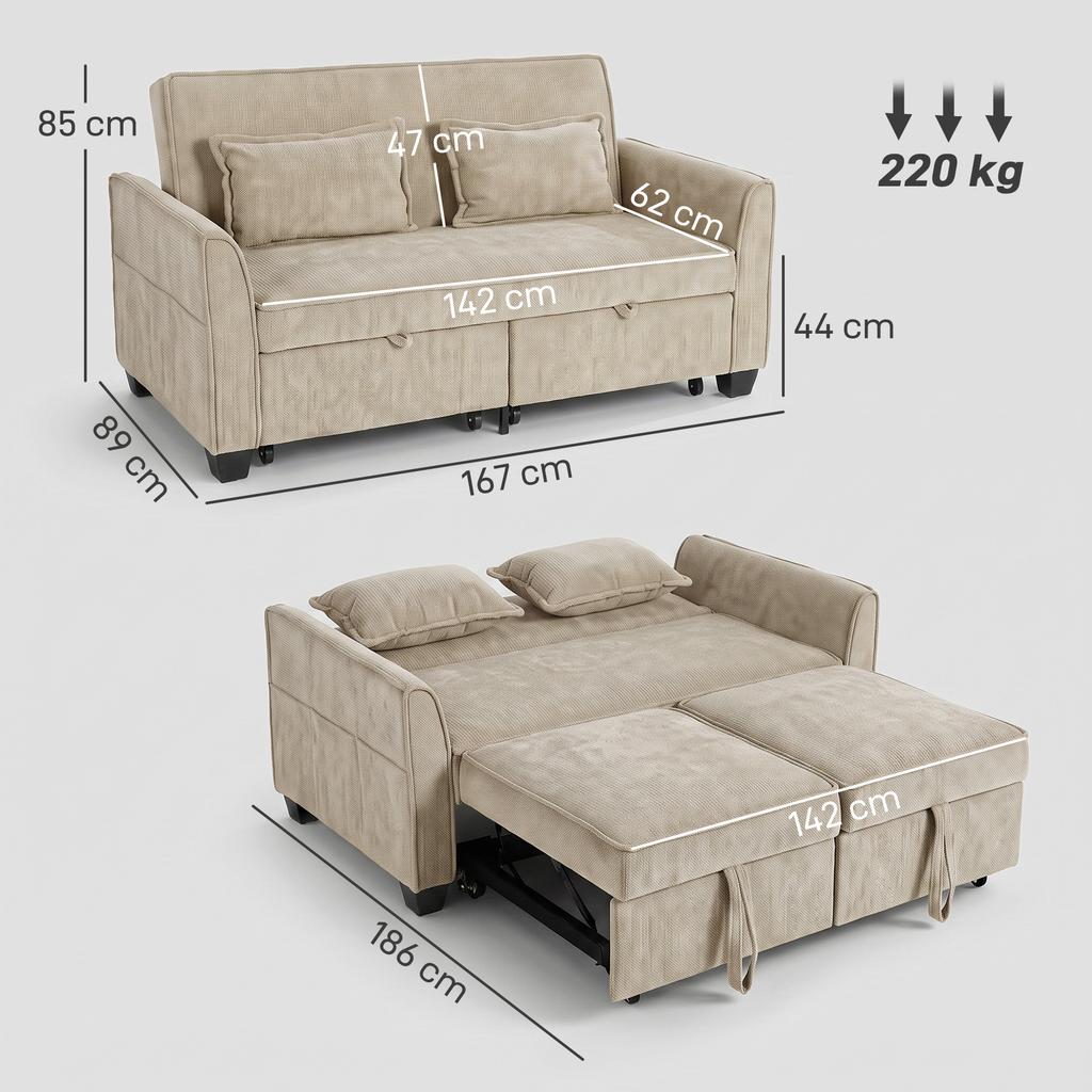 Convertible Sofa, 2-Seater, 4-in-1 Chenille Corner Sofa Bed, 167 cm, Adjustable Backrest, Brown