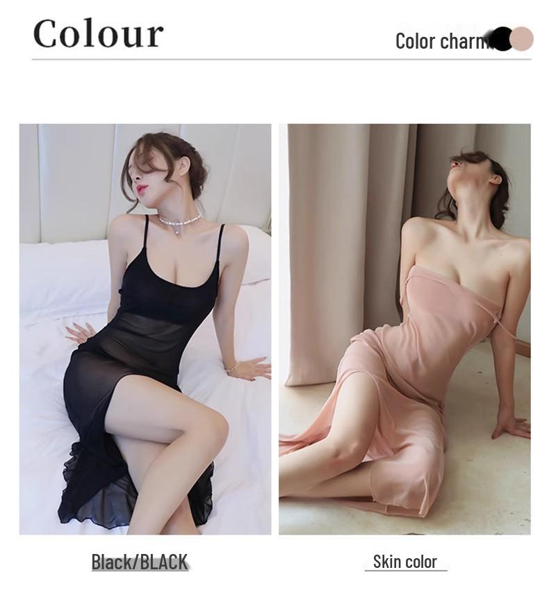 Black Mesh Low-Cut High-Slit Lingerie Camisole Dress - Erotic, Transparent Nightgown for Women