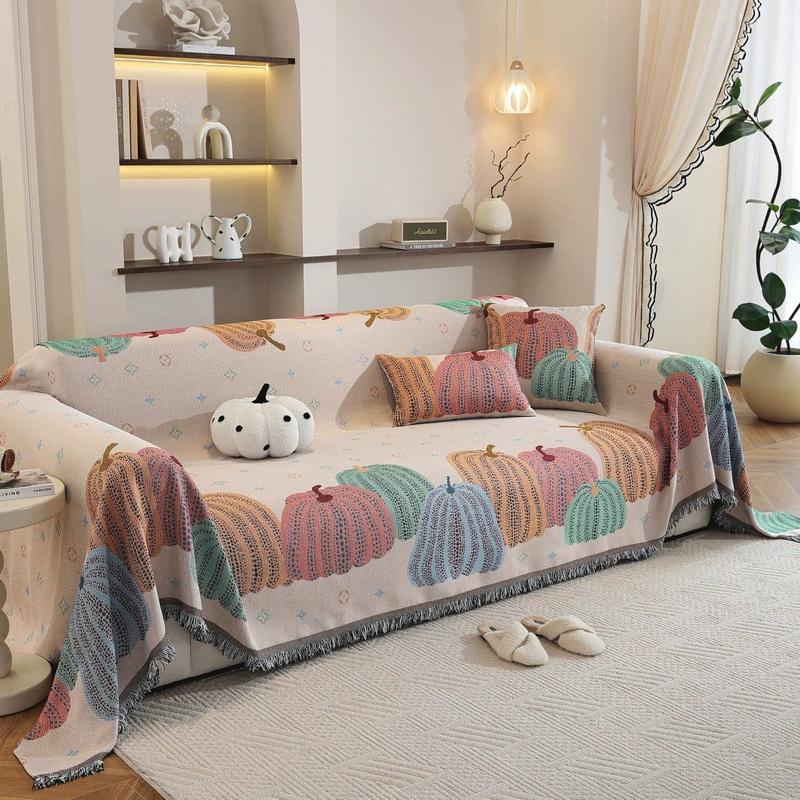 Pumpkin Pattern Sofa Cover Throw for All-Seasons Anti-Skid Couch Protector Stretchable Sofa Blanket for Living Room Home Decor