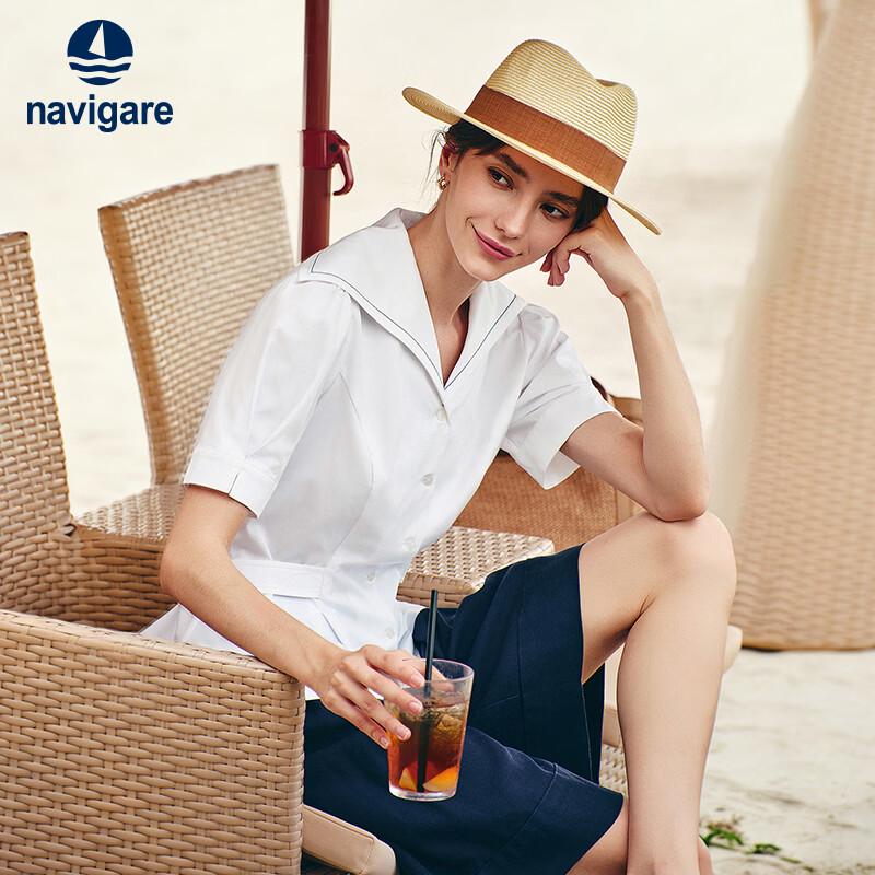 Navigare Women s Navy Collar Short Sleeve Shirt L