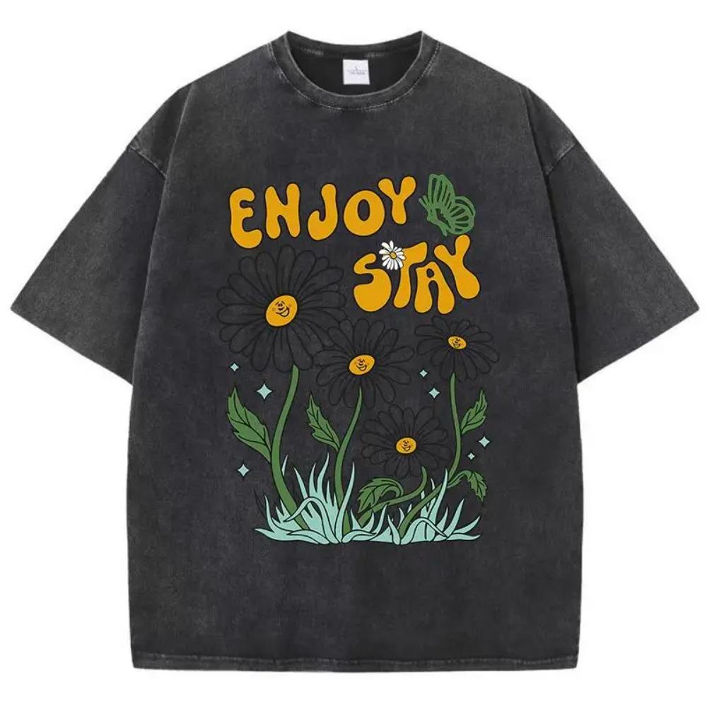 Flower Butterfly Enjoy Stay Print T-Shirt Mens Shoulder Drop Popular T Shirt Fashion Vigor Tees Normcore Streetwear