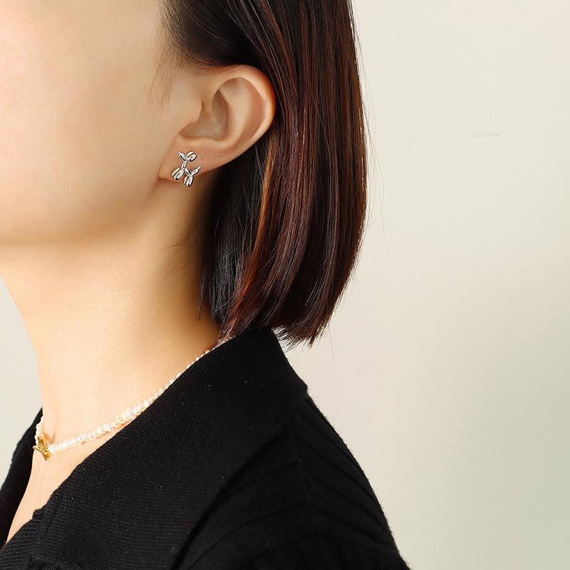 Cute Balloon Dog Clavicle Necklace & Earrings Set in Titanium Steel & 18K Gold