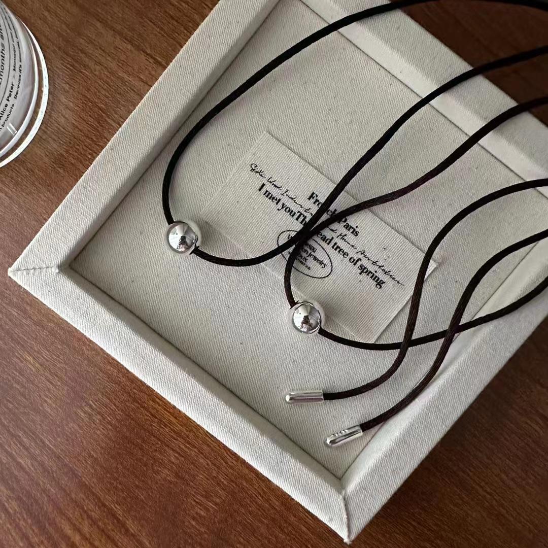 

Sunflower Oni s S925 Sterling Silver Round Ball Black Rope Necklace - Women s Unique Style Sweater Chain Jewelry. Sterling Silver 925