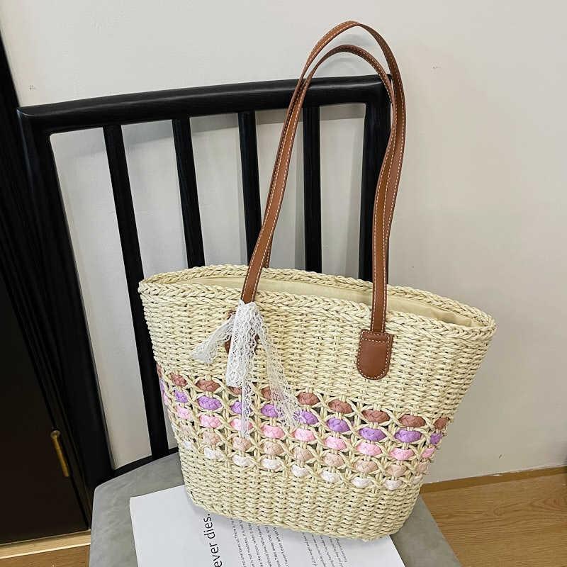 Large capacity vegetable basket bag women's summer new woven straw bag commuter seaside vacation beach bag