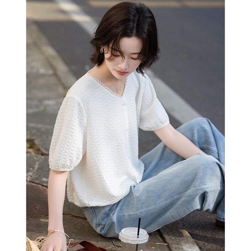 Women s French Style Bubble Texture V-Neck T-Shirt L