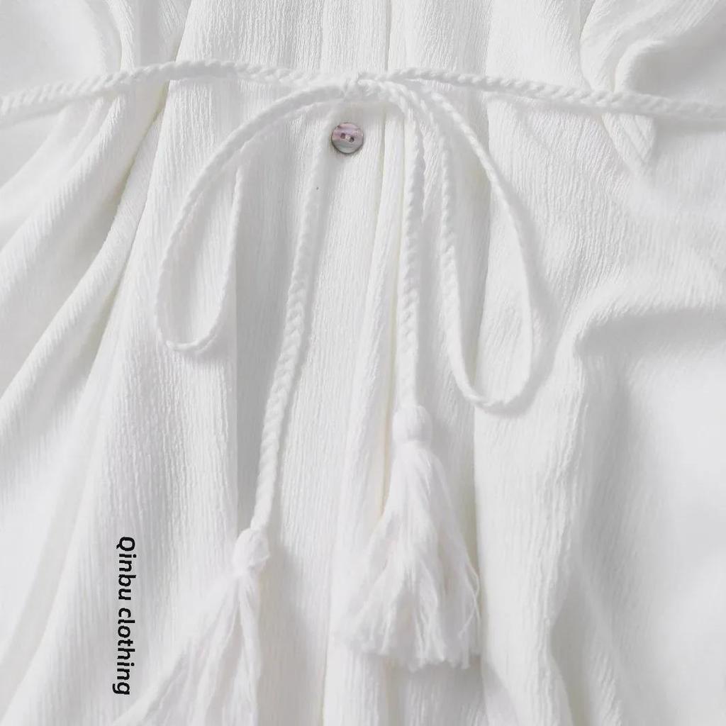 Women's 2025 White Lace-Up Button Ruffle Dress