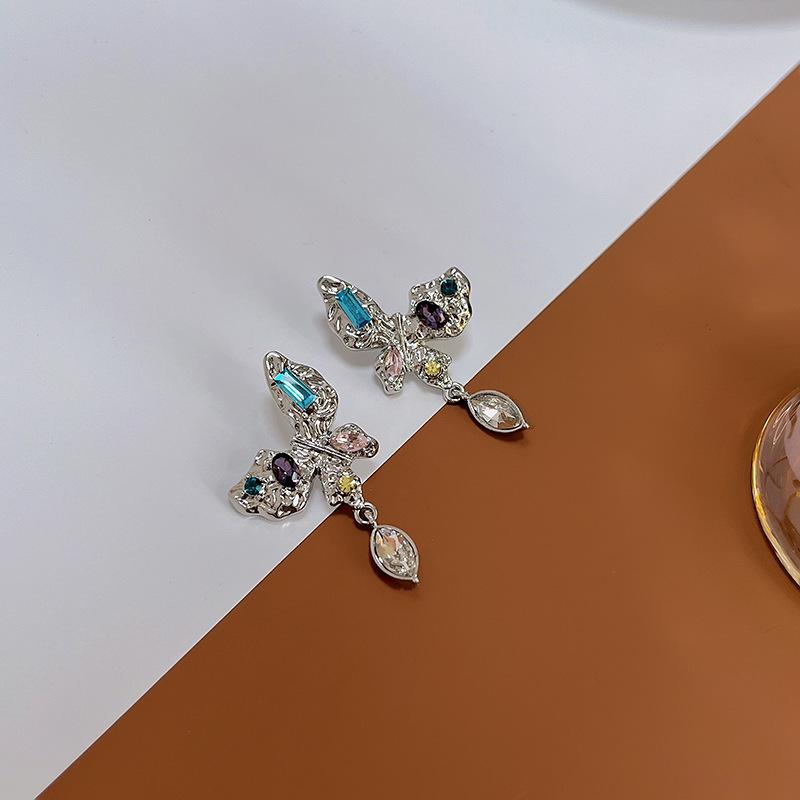 Elegant Geometric Silver Butterfly & Colored Diamond Teardrop Earrings for Women