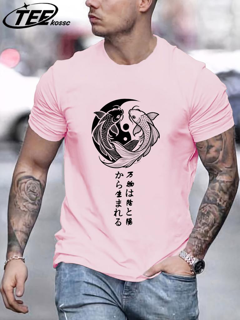 Japanese Harajuku Koi Art Letter Print Mens TShirt Loose Casual T Shirt AllMatch Cotton Streetwear Male Fashion Soft Clothing