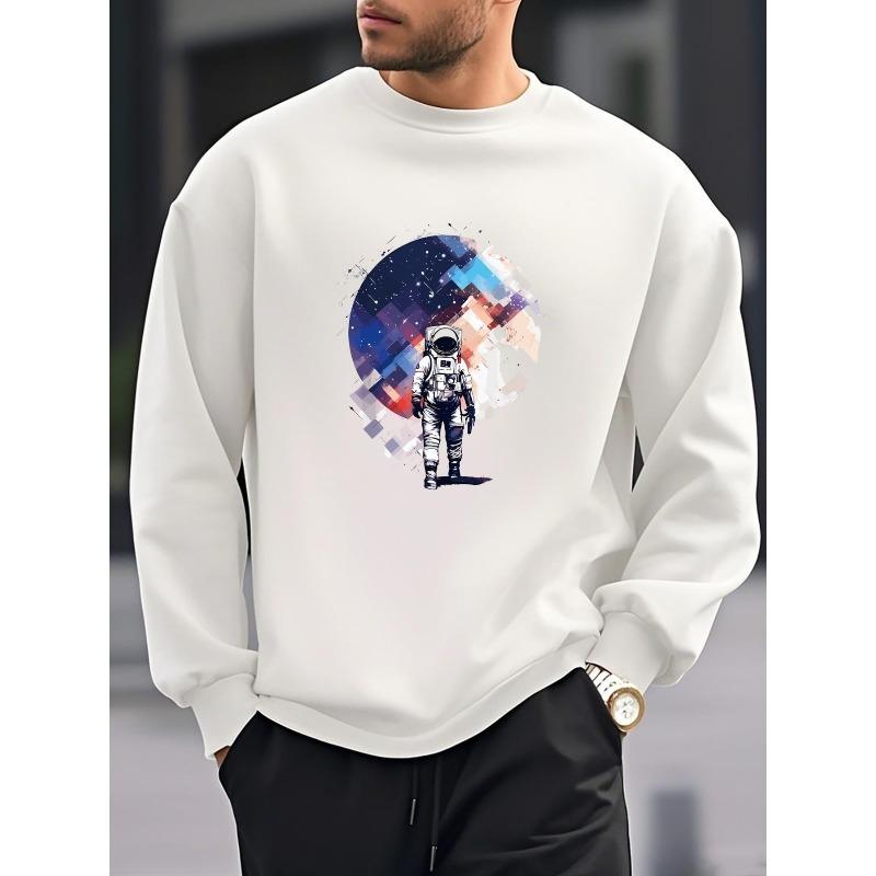 Space Exploration, Astronaut Print Men'S New Round Neck Sweatshirt, Loose And Stylish Casual Sports Top For, Versatile Pullover