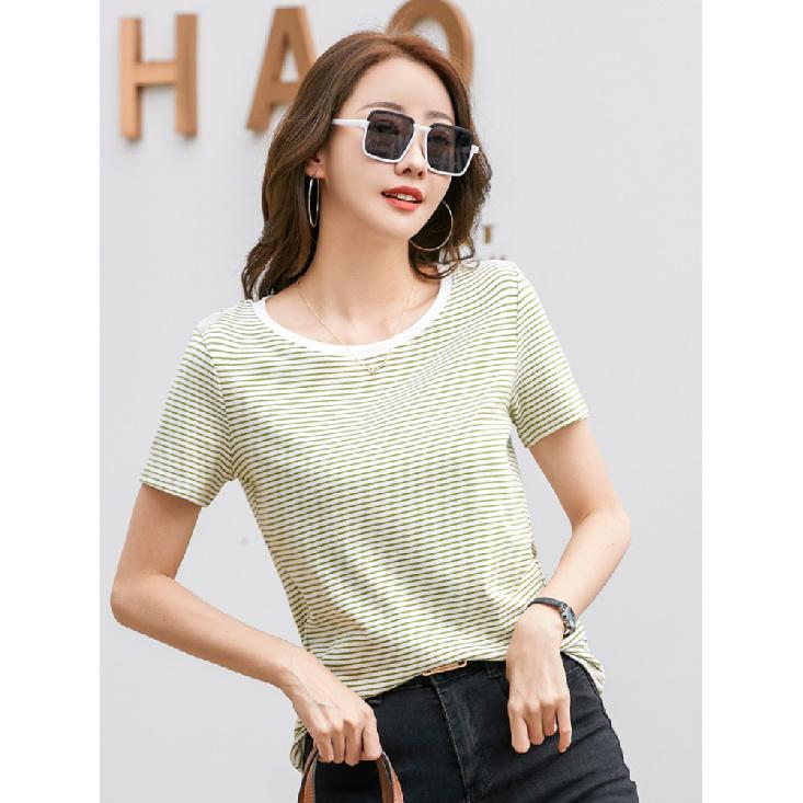 Women'S Striped T-Shirt Elegant Slim O-Neck Short Sleeve Cotton Top Loose Fit Office Casual Knitted Summer Women'S Tee Shirt