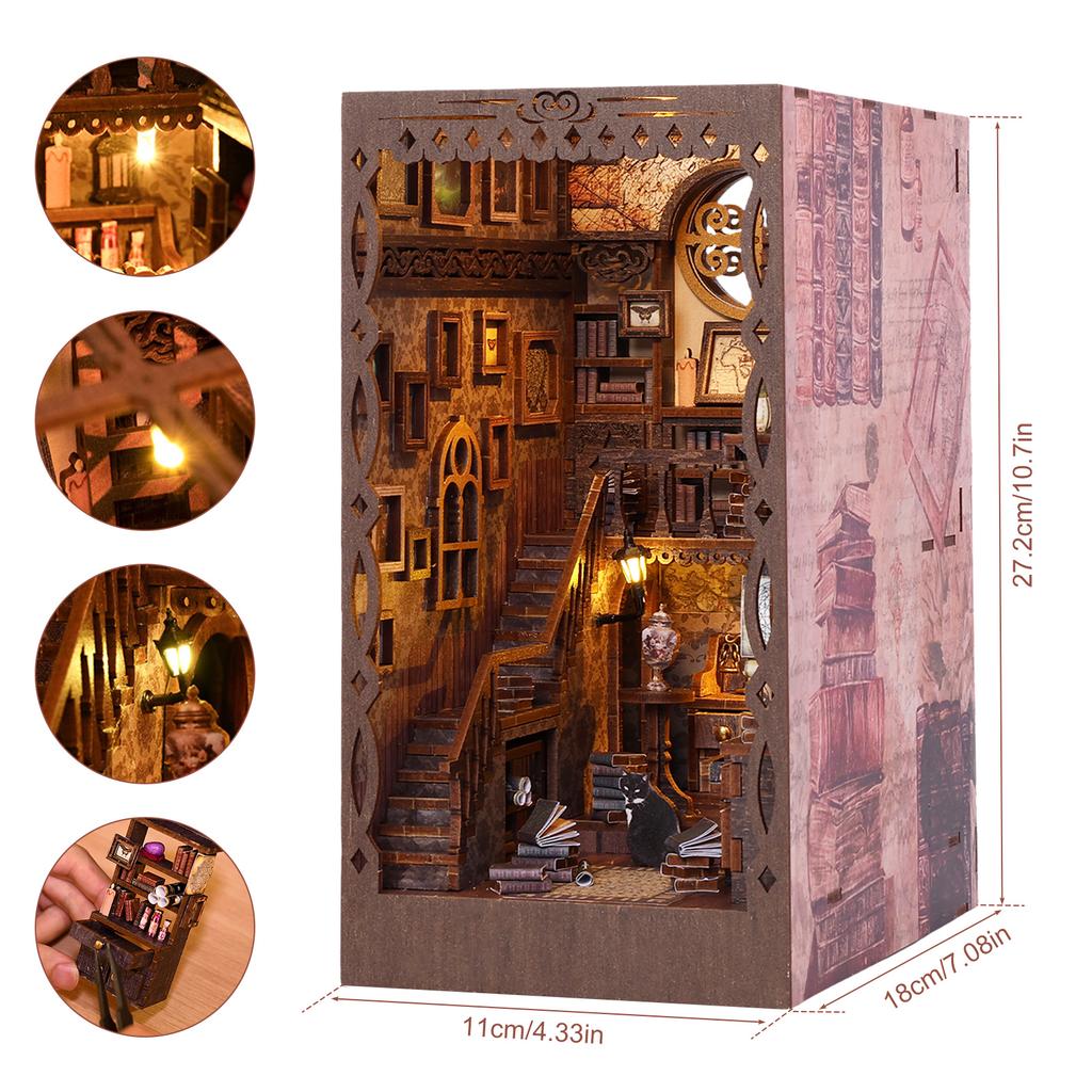 DIY Book Nook Miniaturen Haus Bausatz Einsatz Puppenhaus Modell Roombox Bausatz Holz Bücherregal Spielzeug Buchstütze für Weihnachtsgeschenke