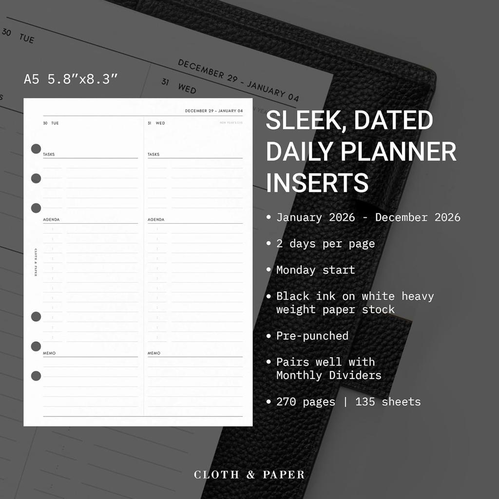 Cloth & Paper 2026 Dated Daily Planner Erts - Monday Start | A5 Size 5.8 X 8.3 Inches | 6 Ring Planner Refills | 2 Days Per Page | Minimalist Daily