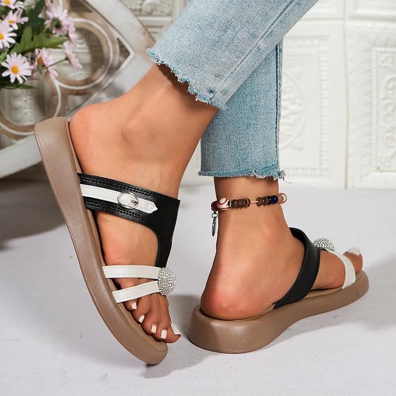 Mixed Colors Flat Slippers Women Shiny Crystal Ball Soft Sole Non Slip Beach Shoes Summer Comfort Light Platform Outdoor Slides