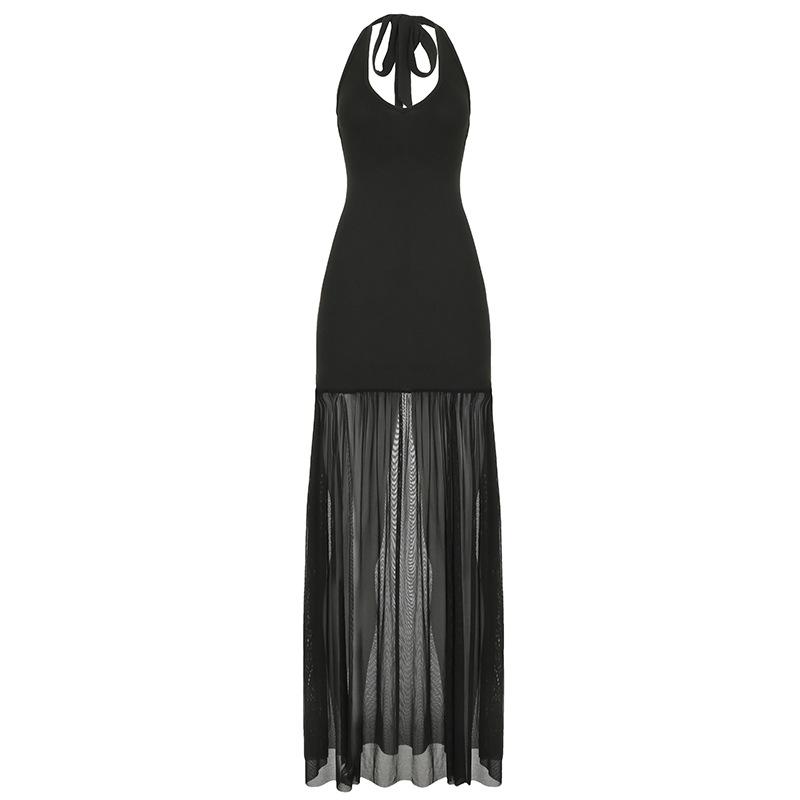 Women's Temperament Wind Neck Strap Mesh Splicing Hot Girl Sexy Backless Split Waist Thin Dresses