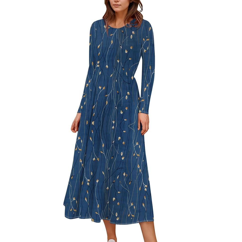 Rochie boho midi cu imprimeu floral, gradient pentru femei, ocazional, cu maneca lunga, rochii fluide fumate, cu buzunar Rochii de vacanta pentru femei