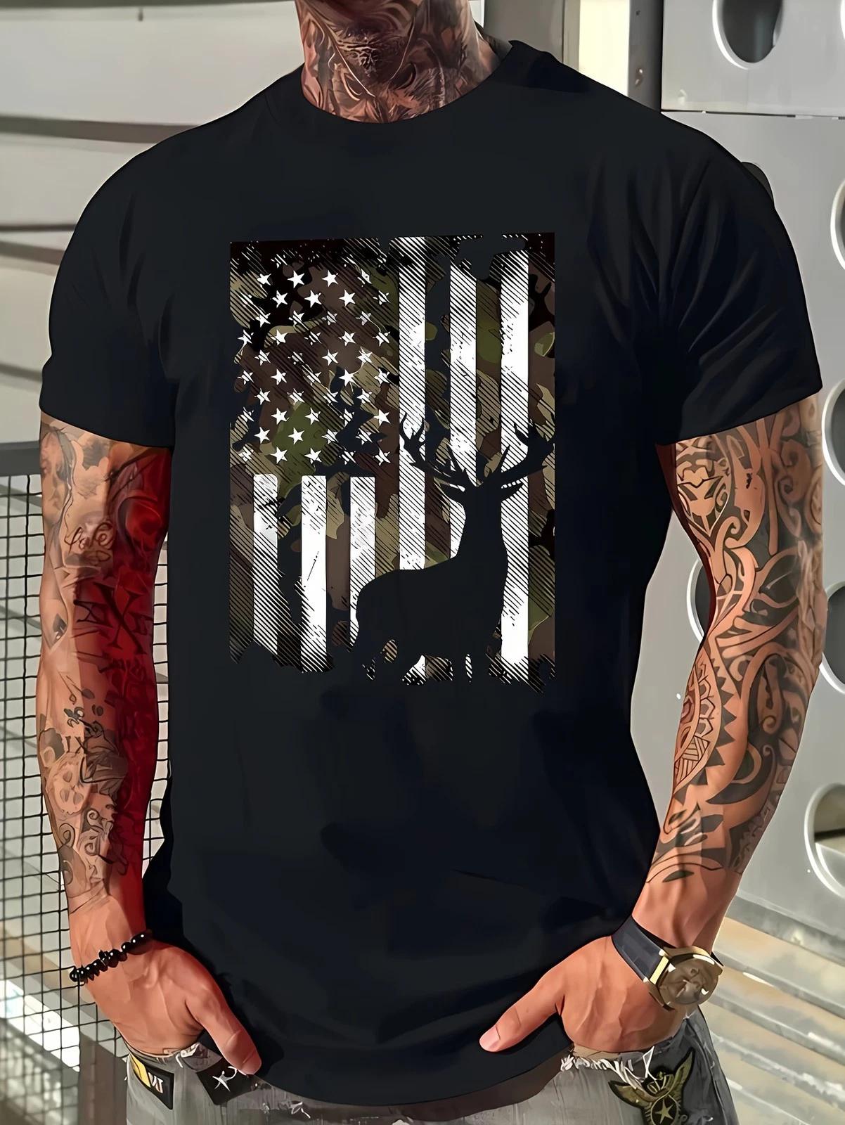 Mens Deer Hunting American Flag Camo Graphic T-Shirt Hunter Gift Tee XXXXL