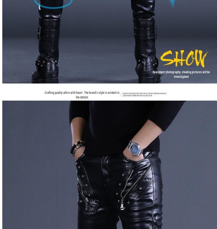 Pánské kožené motorkářské kalhoty slim fit v korejském stylu