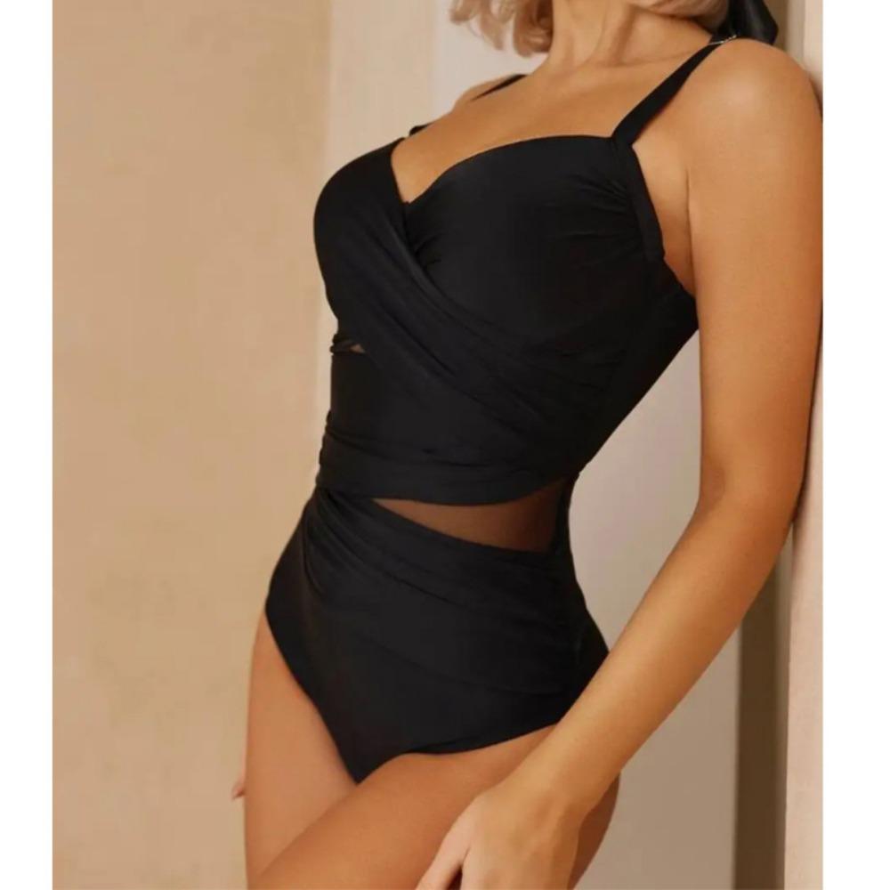 Swimwear Women's European and American Solid Color Women's Sexy Mesh One-piece Swimsuit