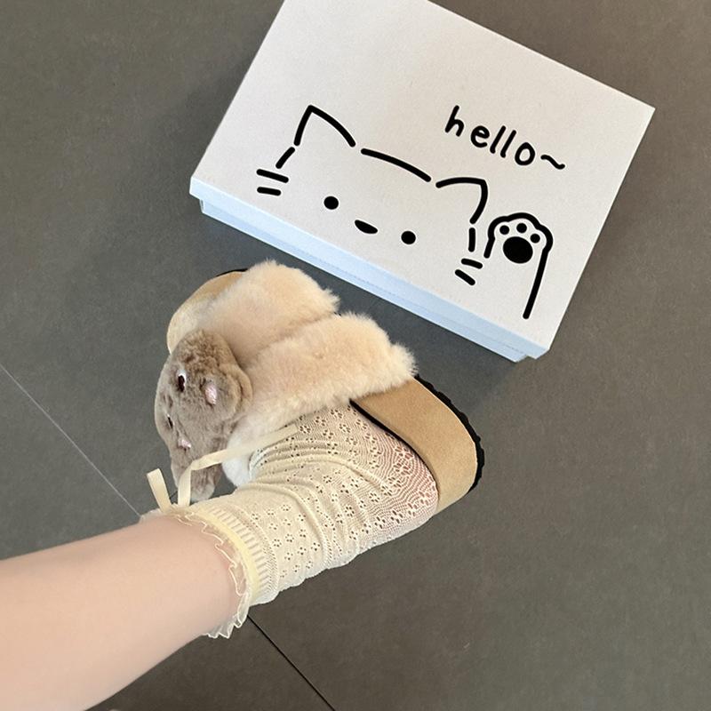 Warm plush versatile girls fluffy shoes autumn and winter fashionable retro comfortable non-slip cartoon cute one-word slippers