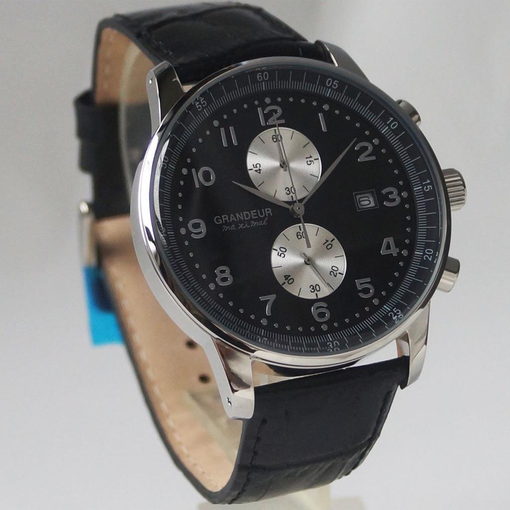 Grandeur 10 ATM Water Resistant Leather Chronograph Watch OSC051W2 Black x Leather [GRANDEUR] Men's Silver/Black