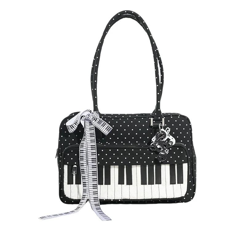 Girls Polka Dot Piano Key Handbag Black And White Retro Shoulder Bag Fashion Y2k Large Capacity Briefcase Lace Bow Cute Ita Bag