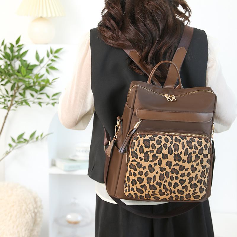 Vintage Leopard Print Stitching Backpack Multi-functional Shoulder Bag Large Capacity Student Backpack