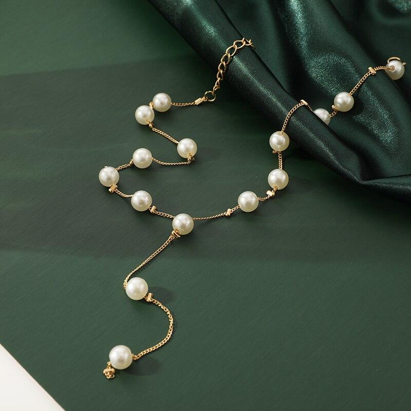 4pcs Gold-color Necklace Earring Bracelet Set Ladies Elegant Imitation-Pearls Collection Temperament Tassel Jewelry