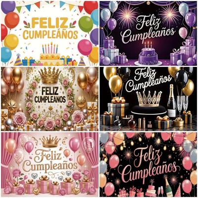 Happy Theme Background In Spanish, Party Decoration with Colored Globes, Background Banner, Gift for Children, Photo Session