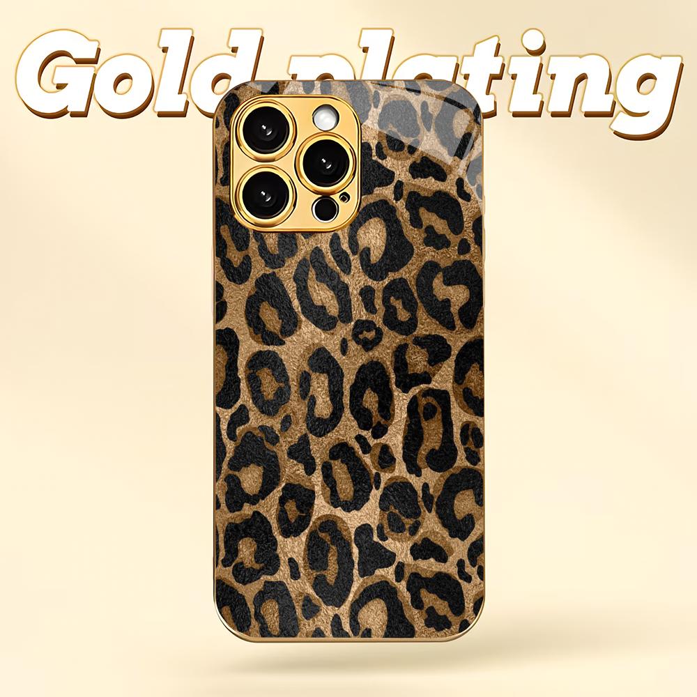 Leopard print electroplated gold glass phone case suitable for iPhone 17 16 15 14 13 12 11 Pro/Max/Plus shockproof back cover