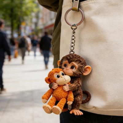 1/2 Pièces Porte-clés Crochet Punch Imprimé Singe Breloque 3D Porte-clés Fonctionnel Sac Clés Décoration de Bureau Accessoire sur le Thème du Singe