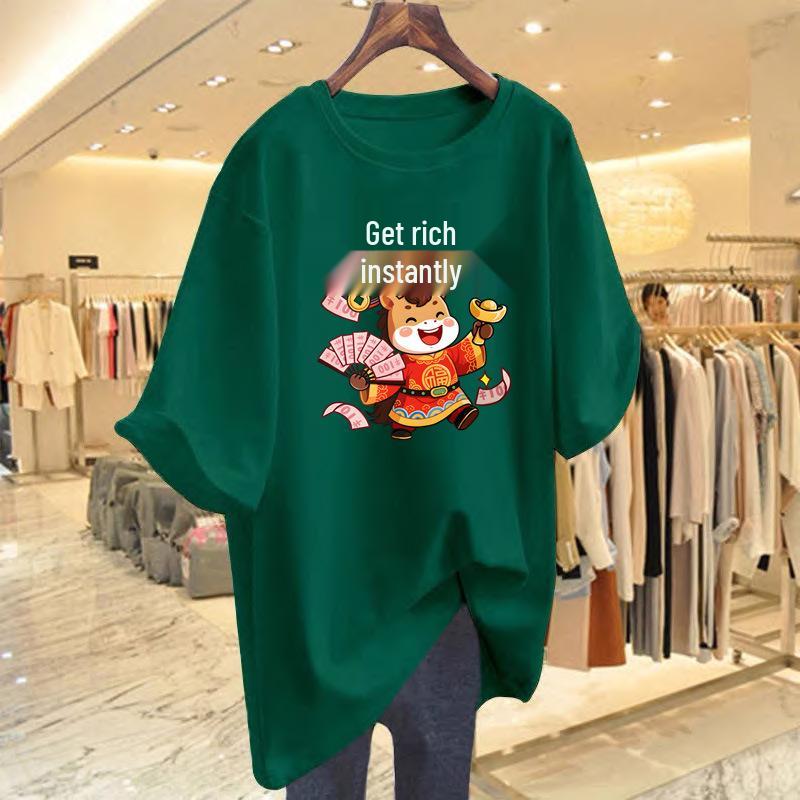 

2026 Year of the Horse Red Cotton Women s Loose Short Sleeve T-shirt S зелений