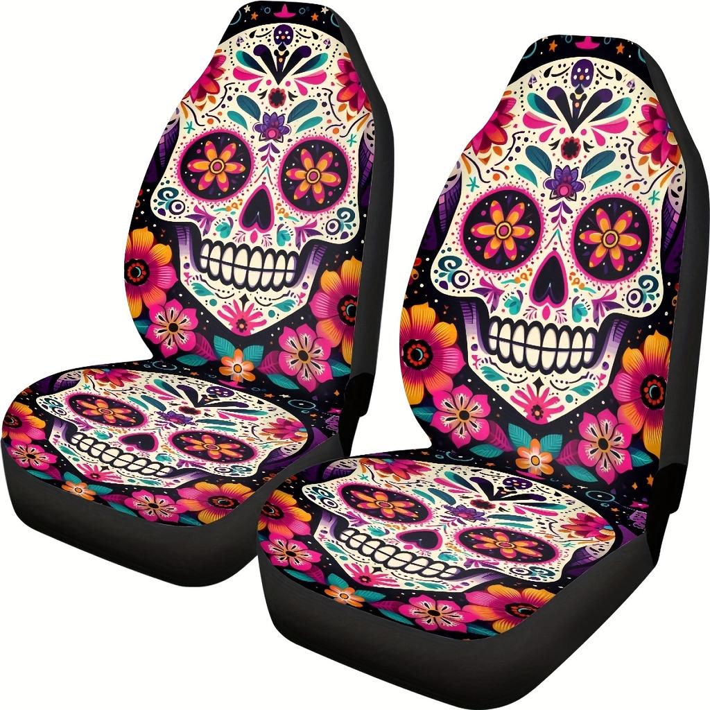 2Pcs Day Of The Dead Skull Flowers Car Seat Covers Universal Fit, Accesorios Para Carro, Car Seat Covers Full Set, Car Stuff