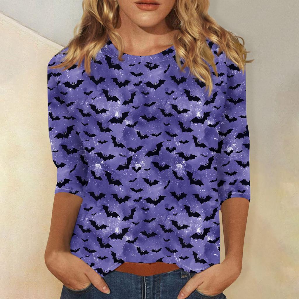 Women's Fashion Casual Round Neck 3/4 Sleeve Loose  Printed T-Shirt Ladies Top