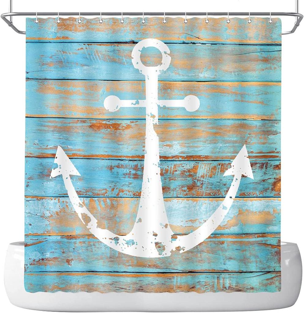 Nautical Sailboat Shower Curtain Ocean Lighthouse Compass Anchor Starfish Seashell Bathroom Decor Fabric Curtains with Hooks