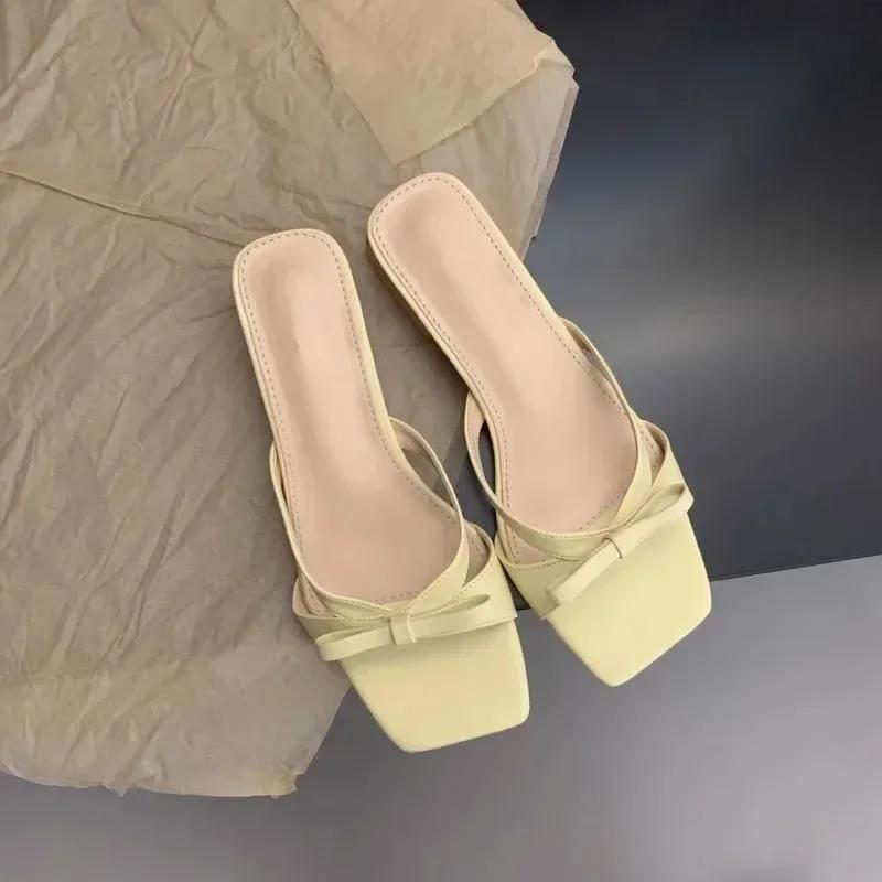Summer Women's Shoes Square Heels Elegant Women Slippers Outside Bowknot Leather Female Slides Fashion Women's Sandals