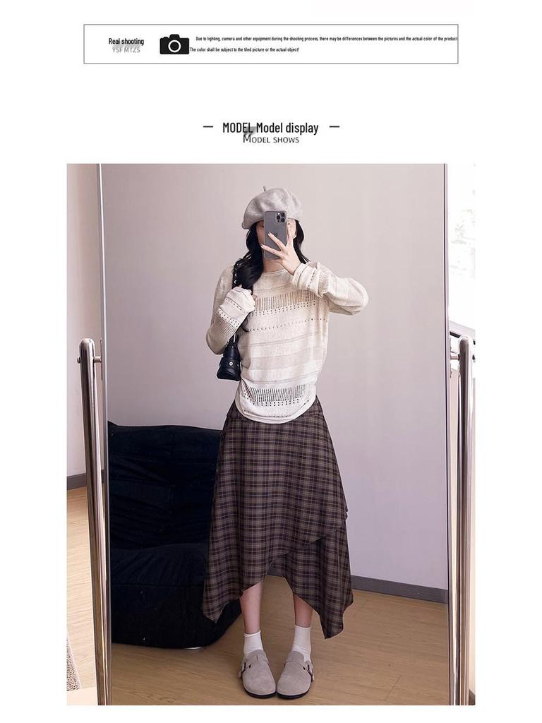 Black High-Waist A-Line Plaid Skirt - Women's Autumn 2026 Korean Style Mid-Length Skirt