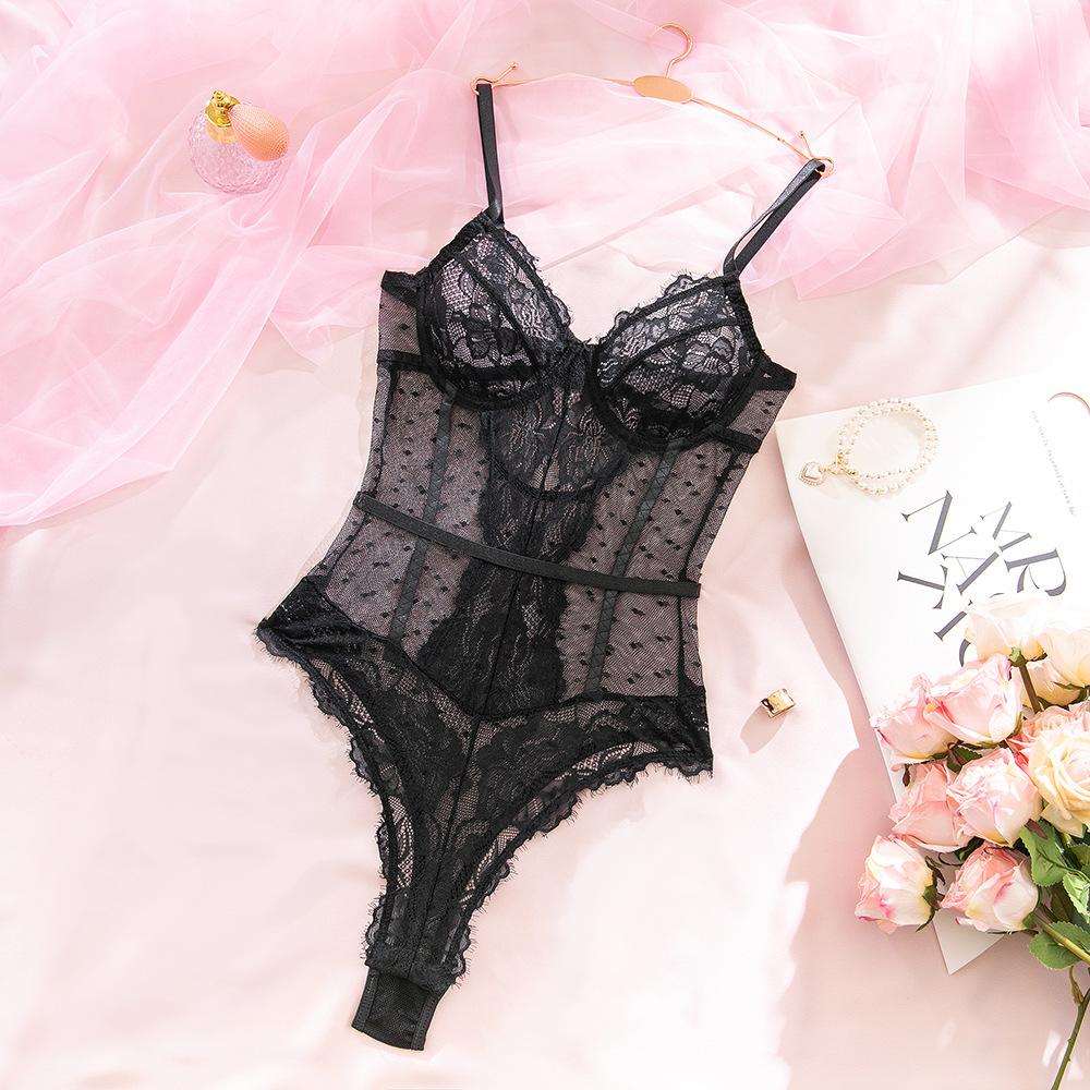 Black Lace Perspective One-piece Underwear Women's Sexy Pajamas Mesh Stitching Slim Fit Couple Dating Loungewear