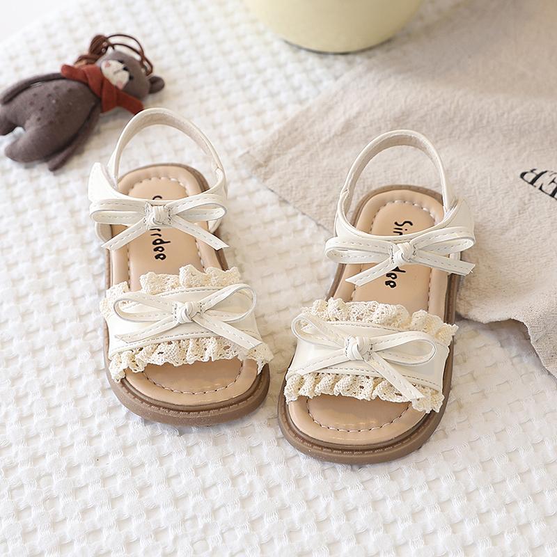 Girls' Sandals Super Pretty Lace-Edged Princess Shoes Soft Soles Fashionable Bow Beach Shoes Comfortable And Breathable