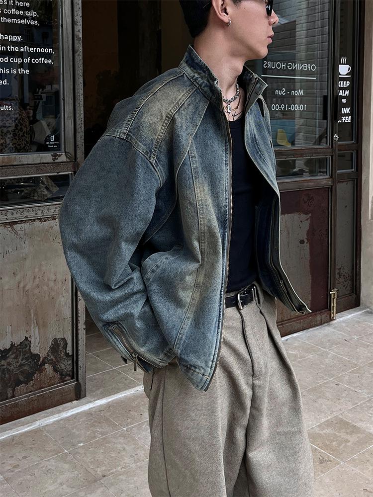 Men's High-End Heavyweight Deconstructed Denim Stand-Up Collar Jacket - Trendy American Retro PUNK Style