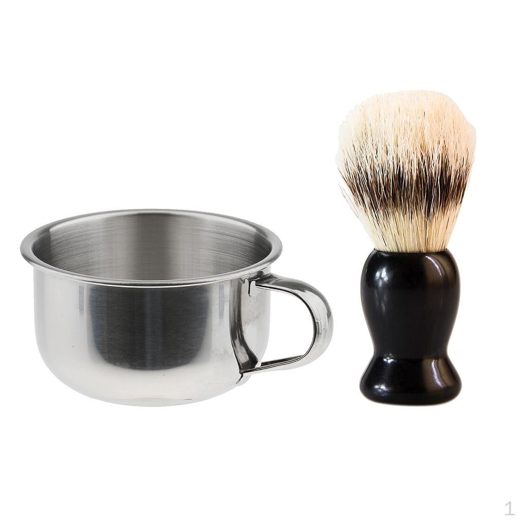 

Men Dense Hair Shaving Brush with Stainless Steel Shave Mug Soap Cup Bowl Set Kit for Salon Home