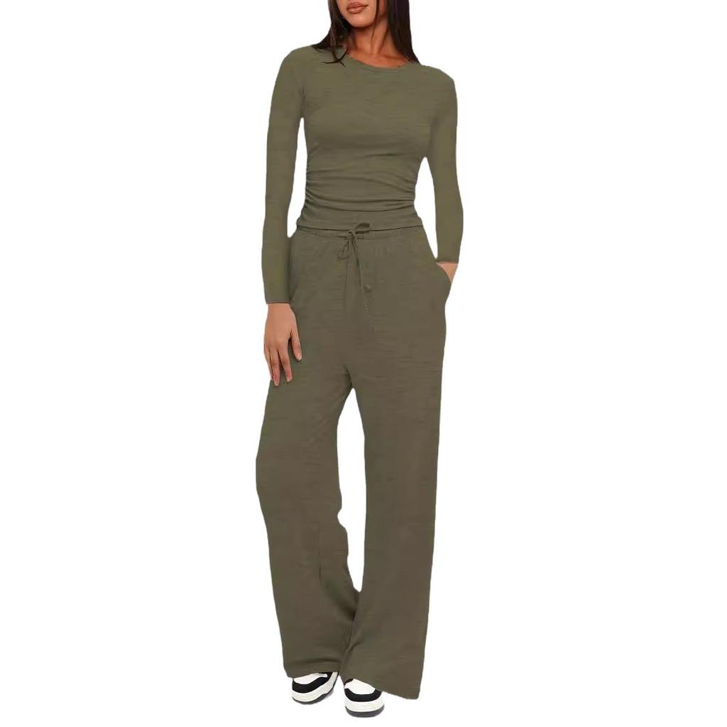 Women's Casual Long-Sleeve Top and High-Waisted Wide-Leg Pants Set for Fall