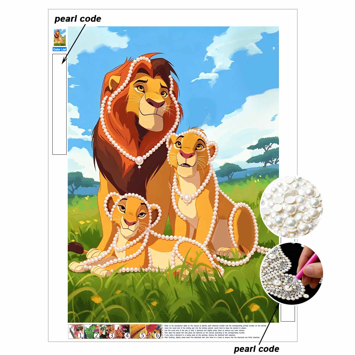 Disney Pearl Art Mufasa Nala And Young Simba Creative Pearl Style Illustration Art 5D Diy Pearl Embroidery Mosaic Cross-Stitch Kit For Home Decor