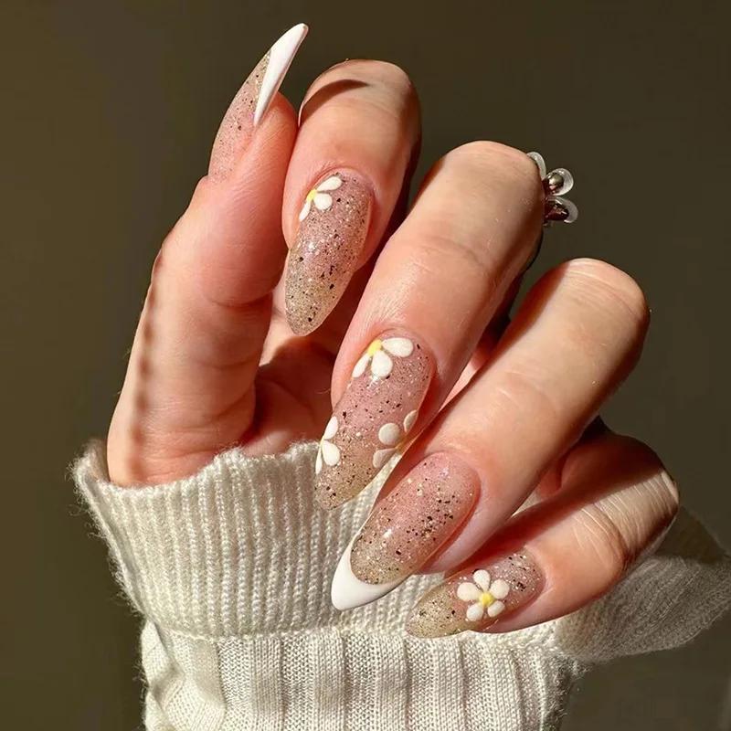 24Pcs Pink Glitter Press On Nails Long Almond Shape Fake Nails With Glue Wearable Acrylic Full Cover Nail Tips