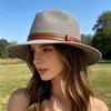 Women Jazz Hat Wide Brim Faux Leather Belt Decor Beach Straw Hat Adjustable Size UV Protection Foldable Summer Hat