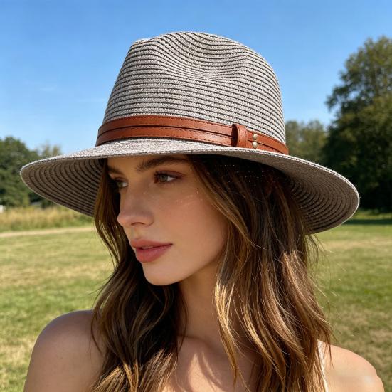 Women Jazz Hat Wide Brim Faux Leather Belt Decor Beach Straw Hat Adjustable Size UV Protection Foldable Summer Hat